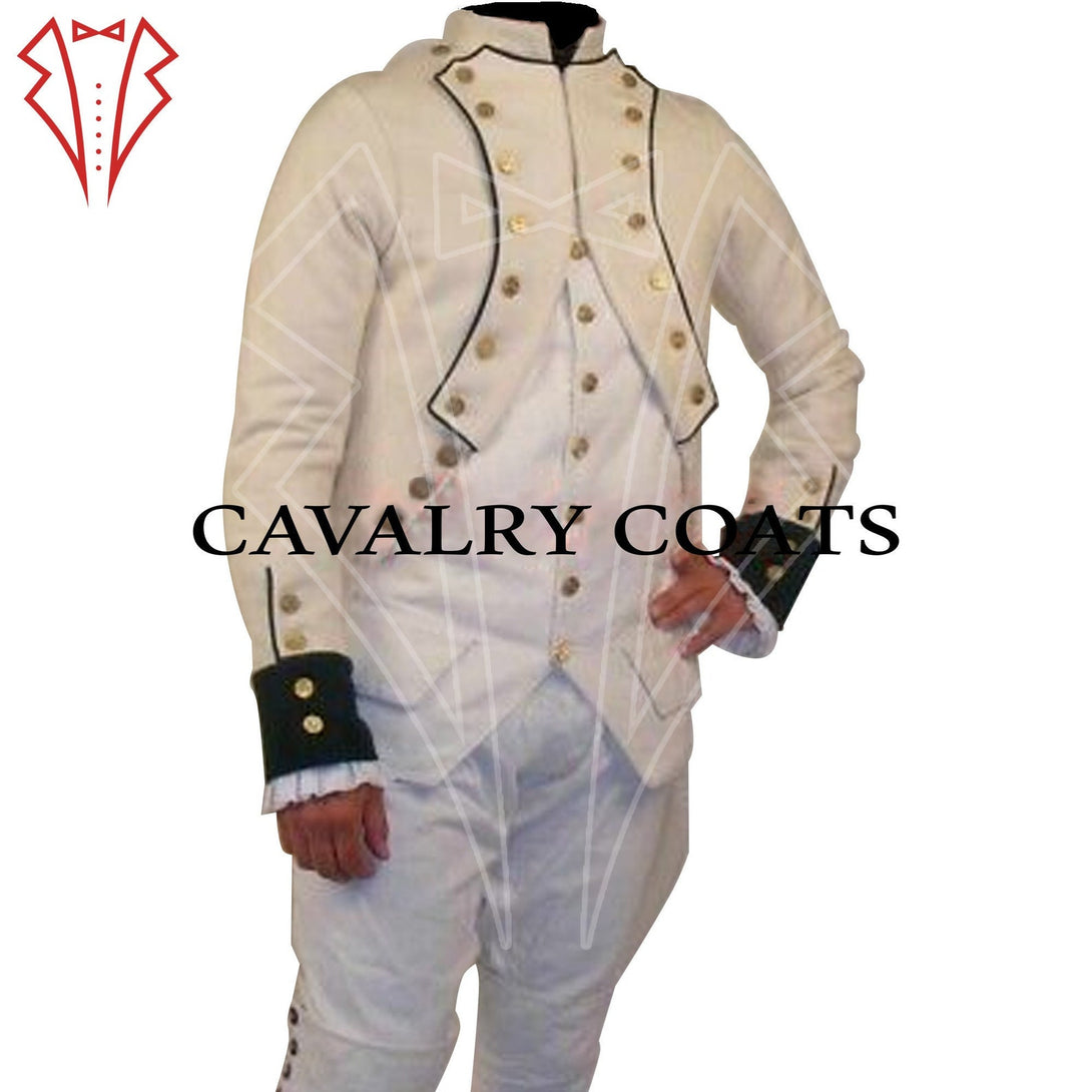 Authentic 1786 French 85th Line Infantry Captain uniform in cream wool with green facings and brass buttons