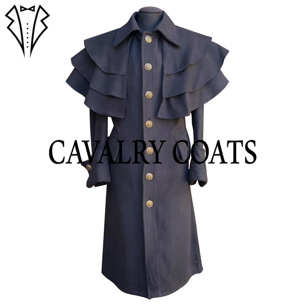 17th Century Cavalier Officer Coat in Garrick Style with layered shoulders and brass buttons.