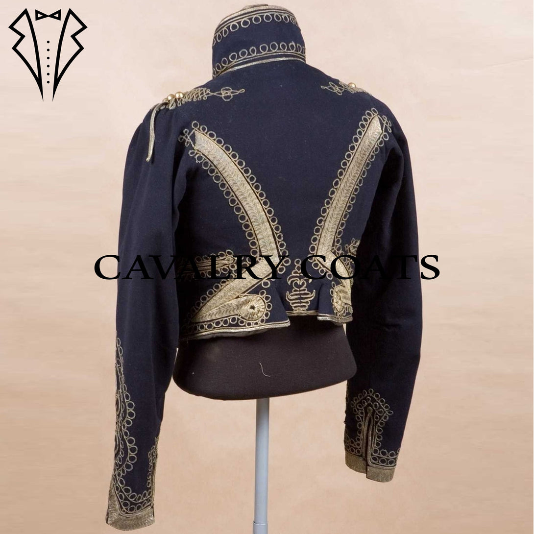 Authentic 18th Century Dolman Hussar Uniform Jacket. Handcrafted wool military coat with ornate buttons, high collar, and reenactment-ready design.