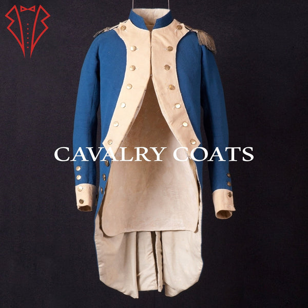 Authentic 18th century French cavalry officer coat in blue and cream with brass buttons