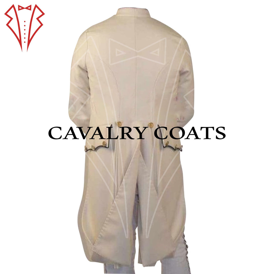 Reproduction 18th century French officer coat with cream body, dark green cuffs, and gold brass buttons