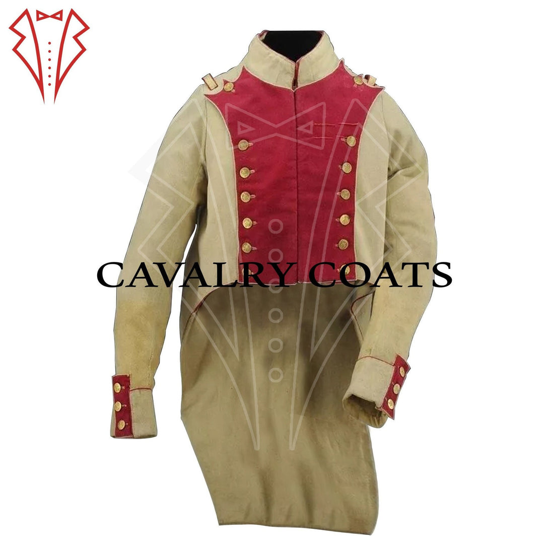 Authentic 18th century French artillery officer jacket with red front panel and brass buttons