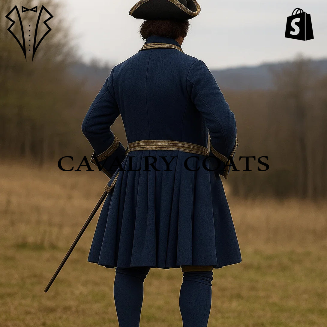 18th Century Historical Naval Uniform featuring blue wool coat and brass buttons.