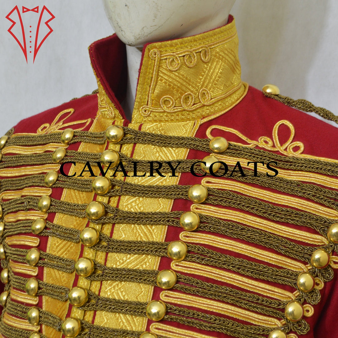 18th century red hussar officer jacket with ornate gold frogging and tailored fit.