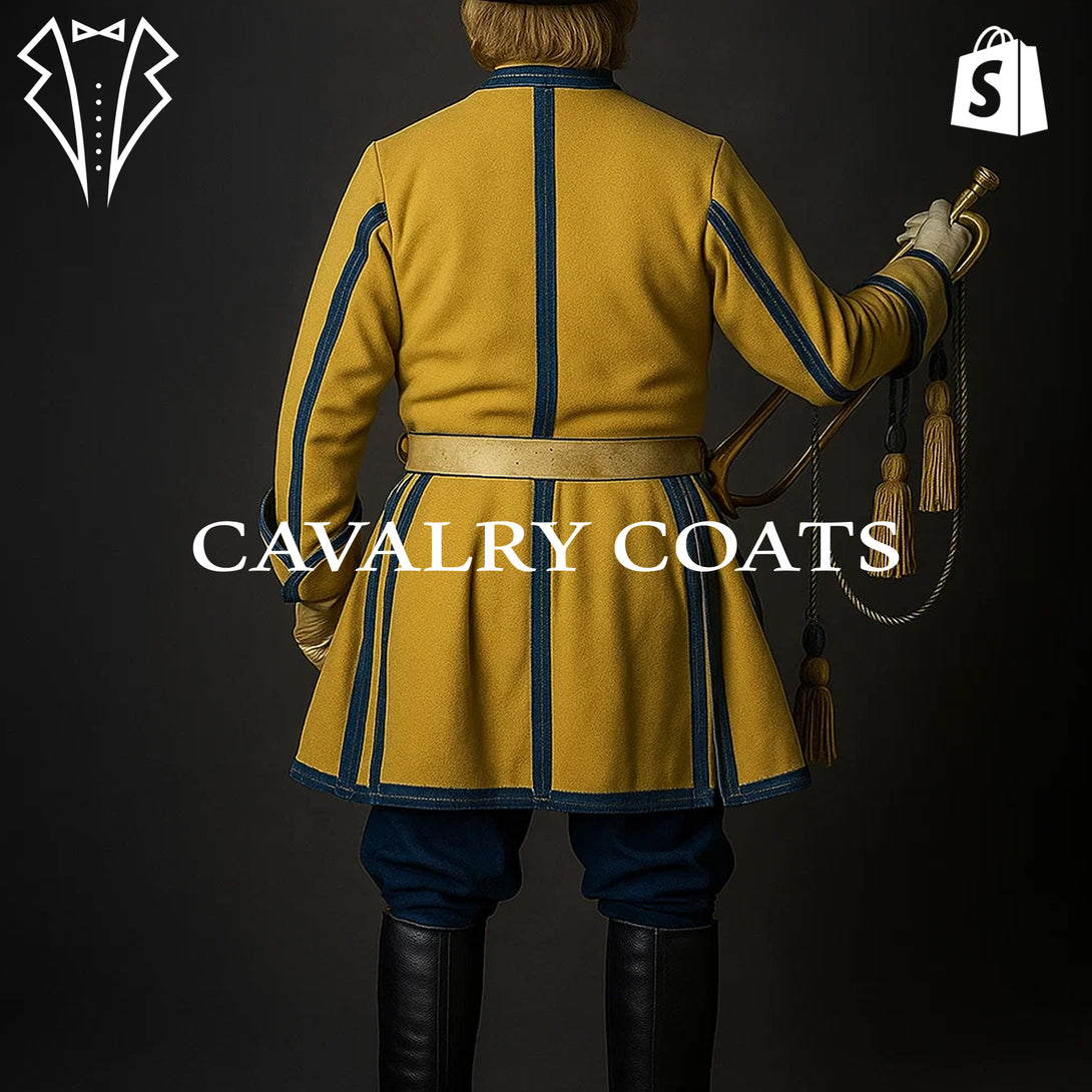 18th-century Swedish cavalry trumpeter costume with brass buttons and tricorn hat