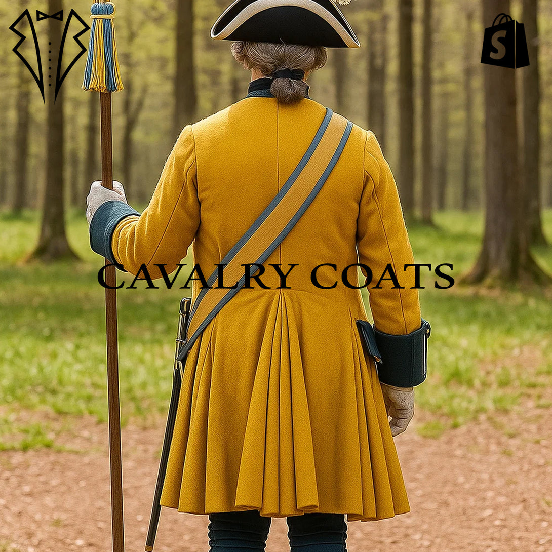 Authentic 18th-century Swiss Guard uniform featuring gold buttons, blue cuffs, and royal detailing for reenactments.