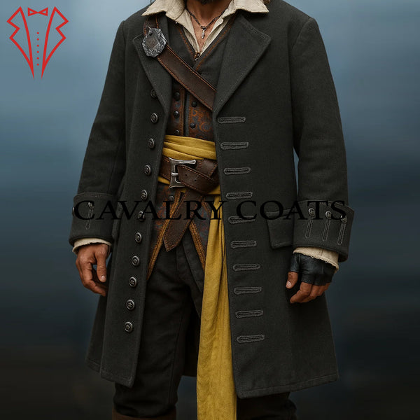Classic Captain Hook Pirate Coat in Green Wool and Vintage Buttons