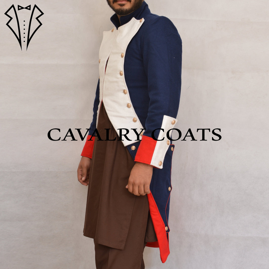 Handmade Napoleonic military uniform jacket featuring gold buttons and split-back design