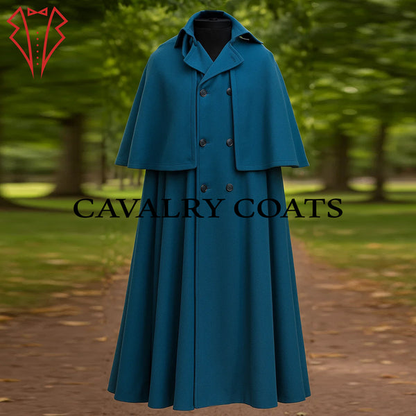 Inverness cape coachman overcoat in stylish blue wool inspired by Victorian fashion.