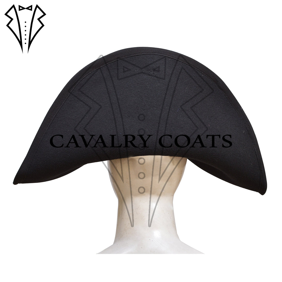 Colonial style black bicorn hat for theater and cosplay