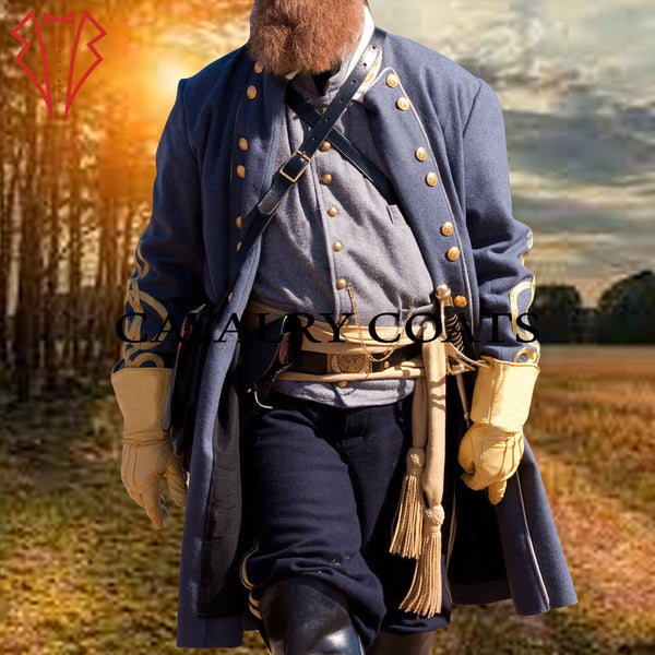 Confederate General Civil War Reenactment coat with double-breasted front and authentic grey wool design.