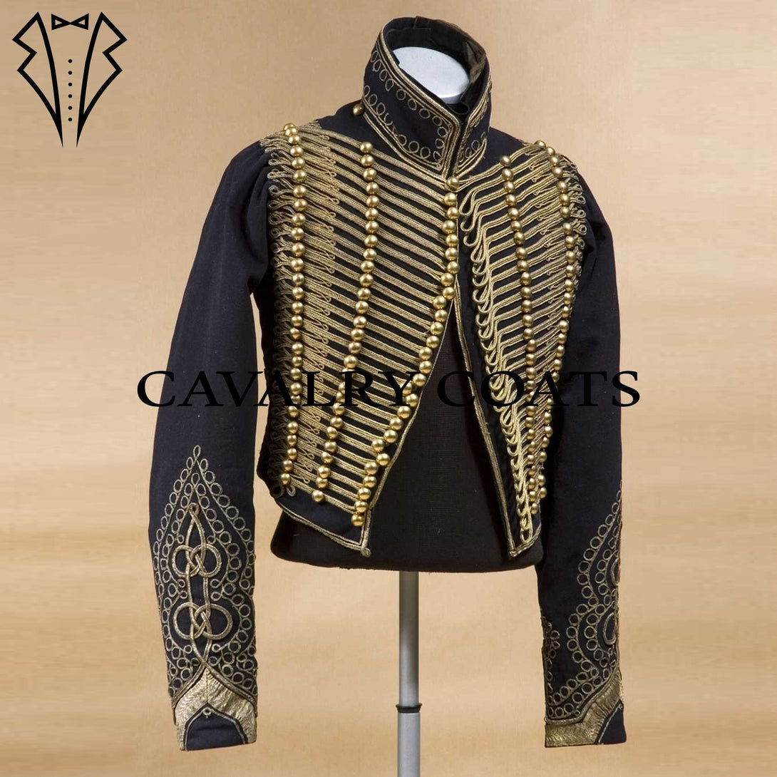 Navy Blue Dolman Hussar Jacket inspired by 18th Century cavalry uniforms. Features double-breasted front, gold braiding, and tailored military fit.