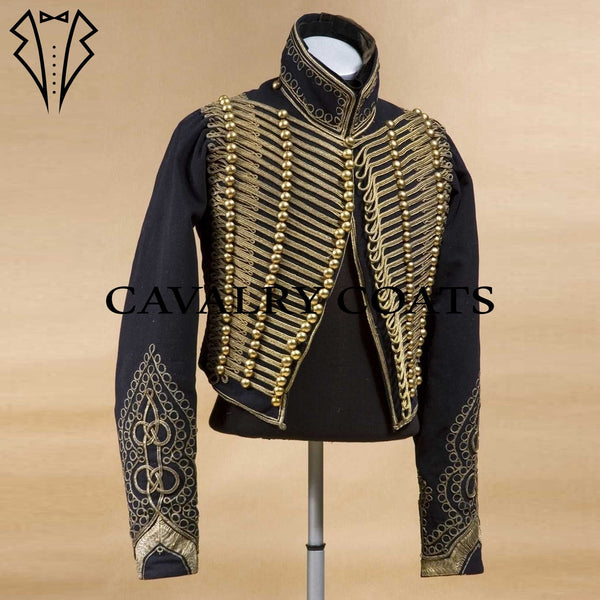 Navy Blue Dolman Hussar Jacket inspired by 18th Century cavalry uniforms. Features double-breasted front, gold braiding, and tailored military fit.