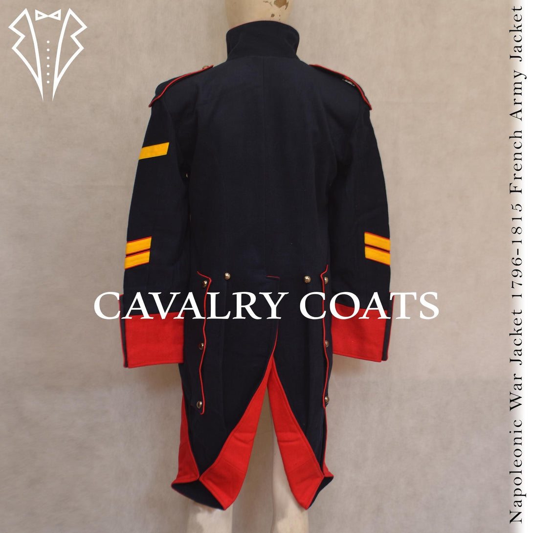 Historical French Line Artillery uniform replica with red cuffs, yellow chevrons, and stand collar.