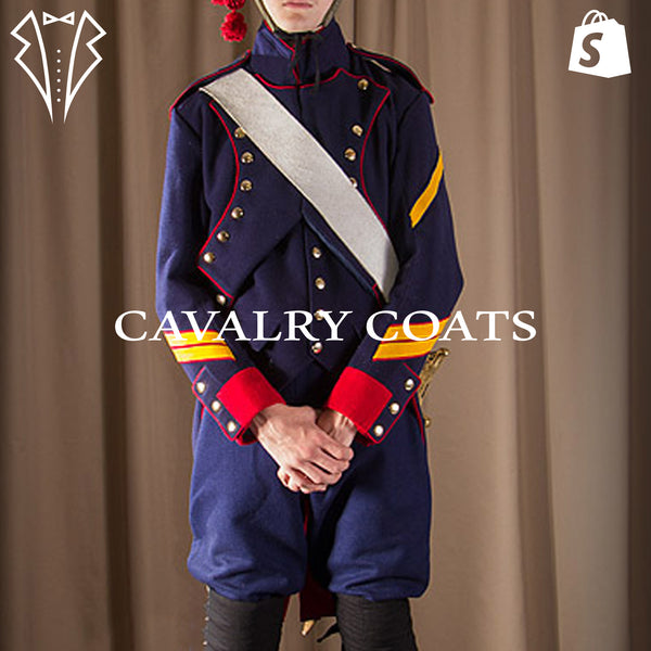 French Line Artillery 1806 Napoleonic War jacket in navy blue with red facings and yellow sleeve stripes.