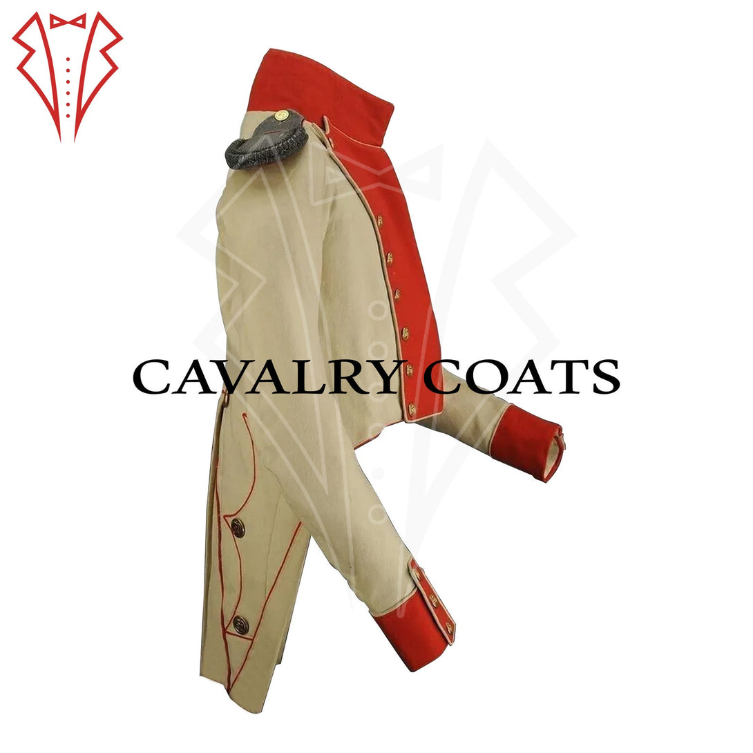 Handmade Napoleonic military coat featuring beige wool fabric and red facings with gold buttons