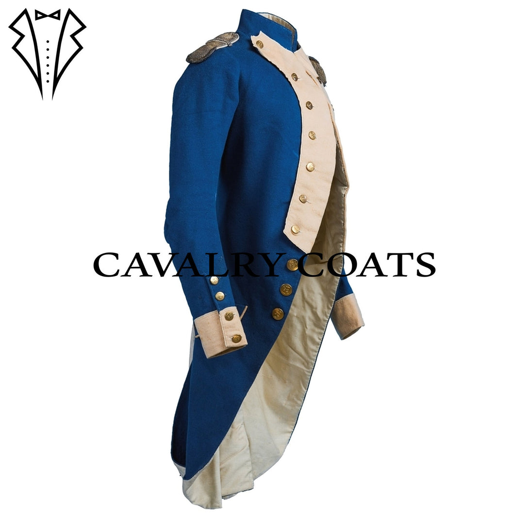 Blue and cream Napoleonic officer jacket featuring gold button detailing and tailored design