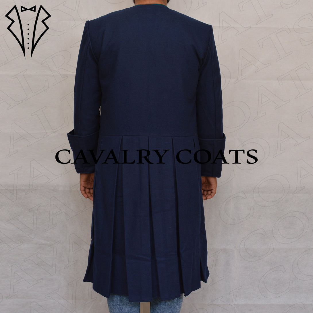 Georgian era black frock coat with brass buttons, 1700s historical attire