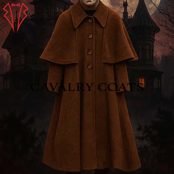 Brown wool Inverness cape coat inspired by Victorian coachman fashion. Historical Halloween coachman cape with flowing outer drape in brown wool.