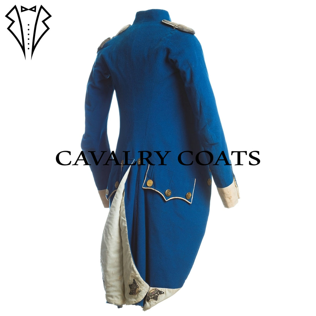 Reproduction 18th century French army officer tailcoat made from wool with cream lapels and cuffs