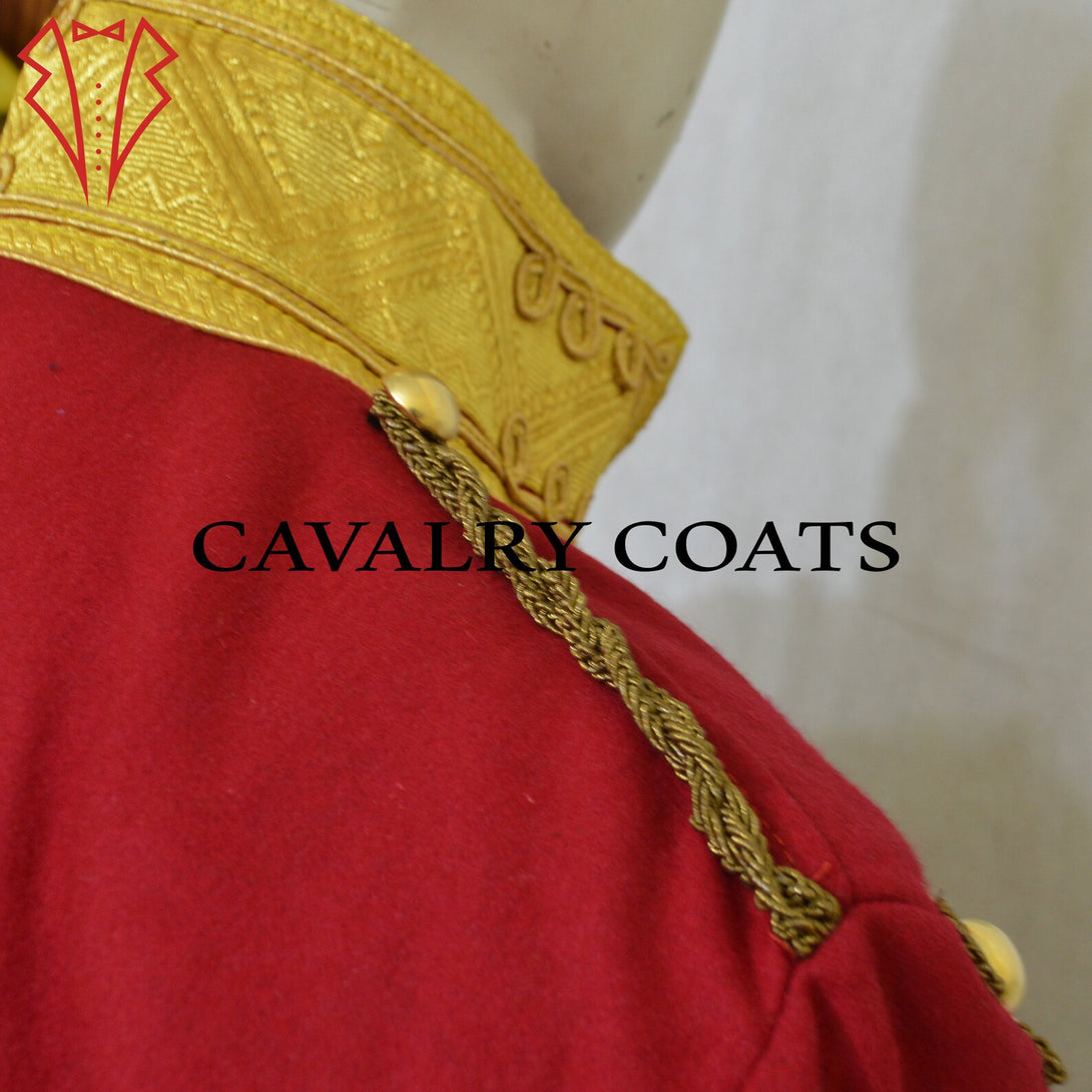 Jimi Hendrix inspired red military jacket with gold detailing and structured shoulders.