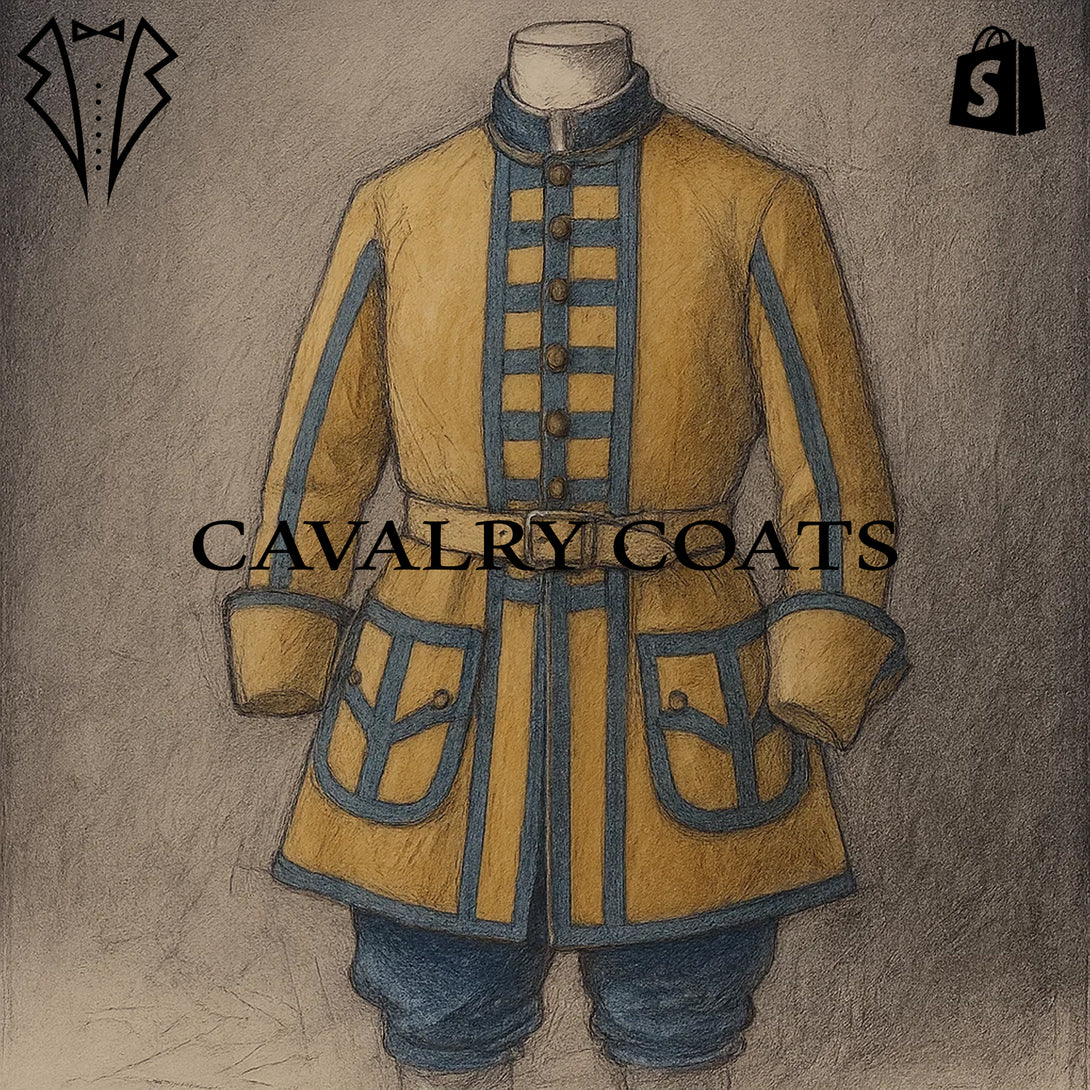 Historical Carolean trumpeter reenactment uniform featuring royal blue facings and yellow coat