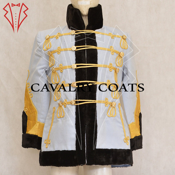 Sky blue wool Life Guard officer hussar jacket with gold embroidery and metallic buttons.