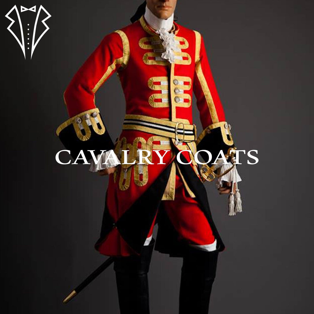 Handcrafted Light Horse King’s Guard Jacket in wool, inspired by Napoleonic French uniforms. Features gold braiding, velvet cuffs, epaulettes, and tailored fit.
