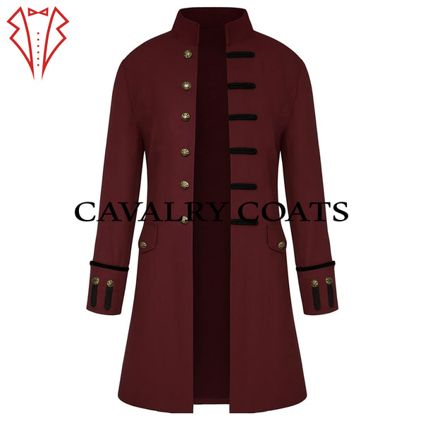 Men’s plum wool steampunk coat with gothic medieval vampire design. 