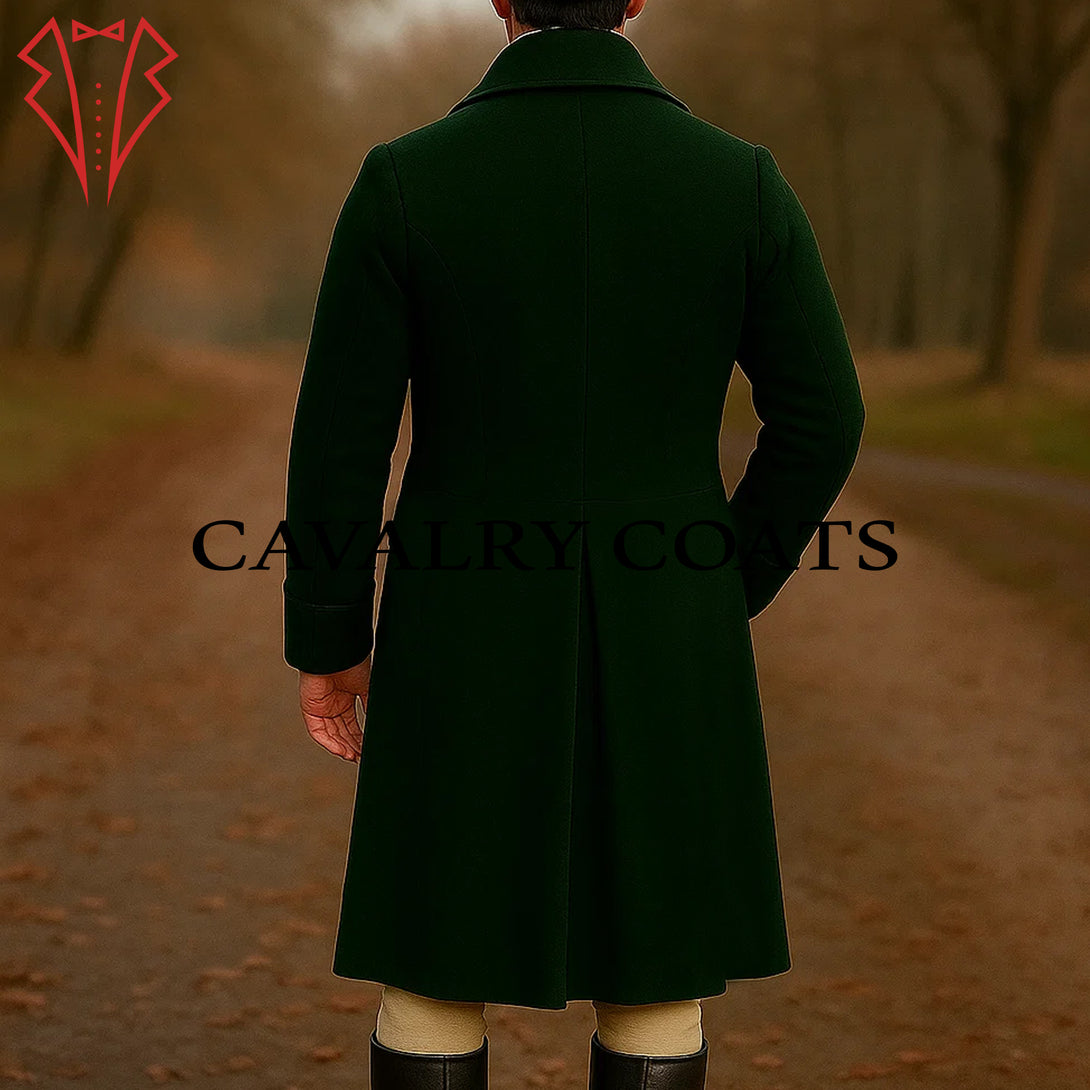 Elegant Regency-style green frock coat made from premium wool