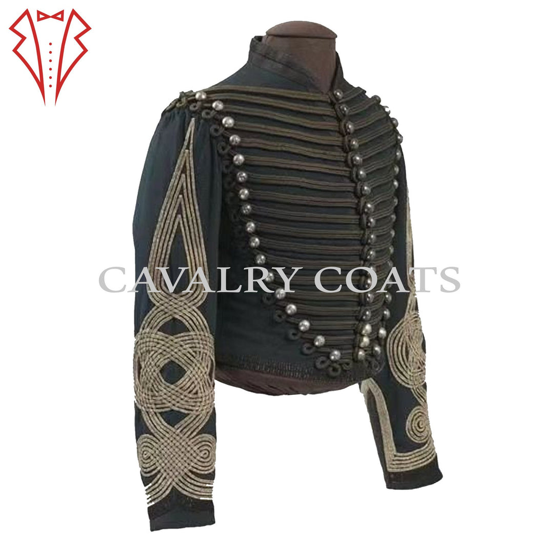 Men’s dark green wool 6th Regiment Horse Hunters military jacket with silver buttons and ornate braided sleeves.