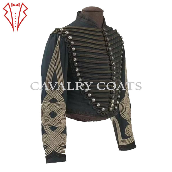 Men’s dark green wool 6th Regiment Horse Hunters military jacket with silver buttons and ornate braided sleeves.