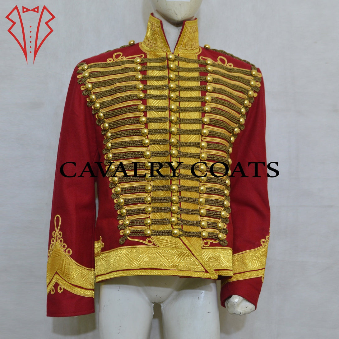 Red wool hussar jacket with gold embroidery and metallic buttons inspired by Jimi Hendrix.