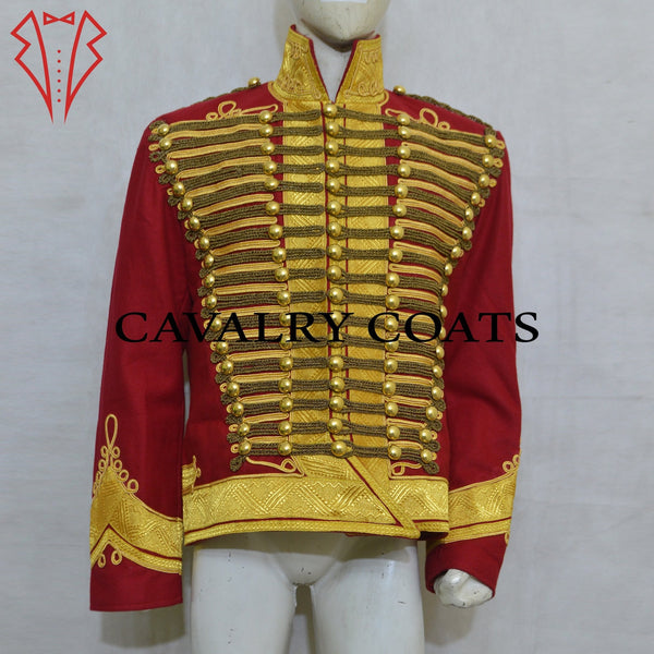 Red wool hussar jacket with gold embroidery and metallic buttons inspired by Jimi Hendrix.