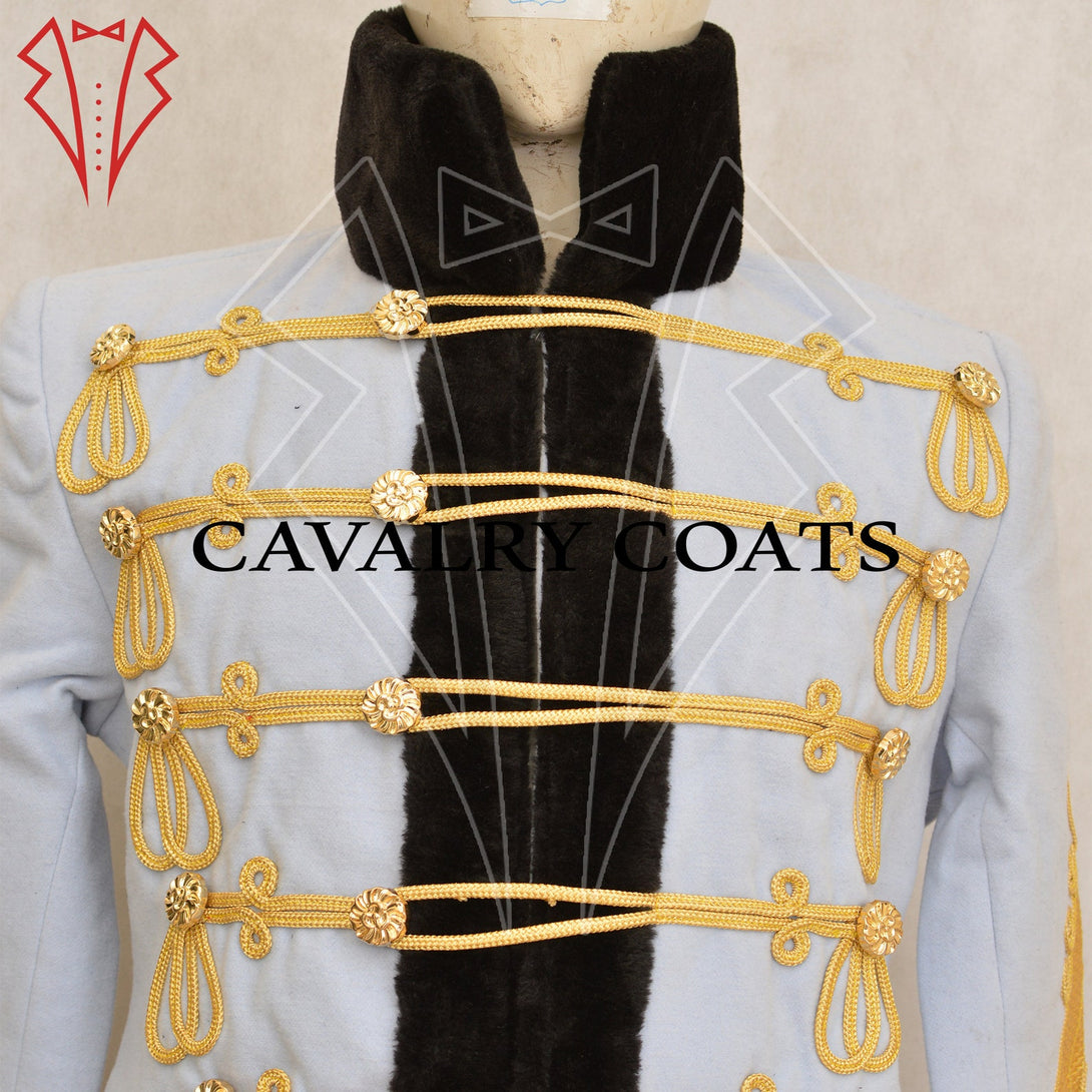 Men’s sky blue wool hussar jacket inspired by Life Guard officer uniforms with decorative detailing.