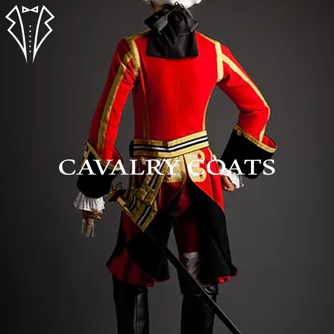 Men’s Wool King’s Guard Coat inspired by Napoleonic military fashion. Includes gold embellishments, velvet accents, and custom tailoring for reenactments.