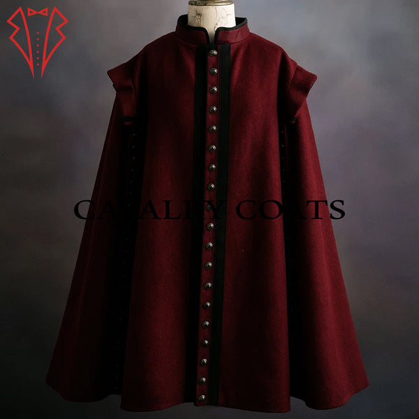 Maroon wool musketeer cloak with Renaissance-style cape draped over shoulders, perfect for historical re-enactments.