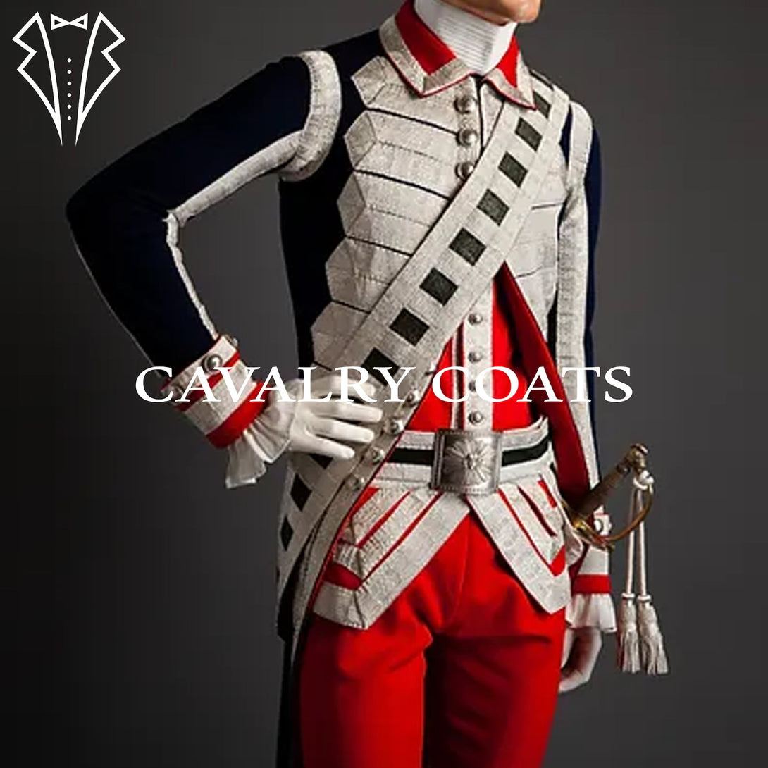 Historical French Imperial Guard outfit with ornate buttons and white trousers