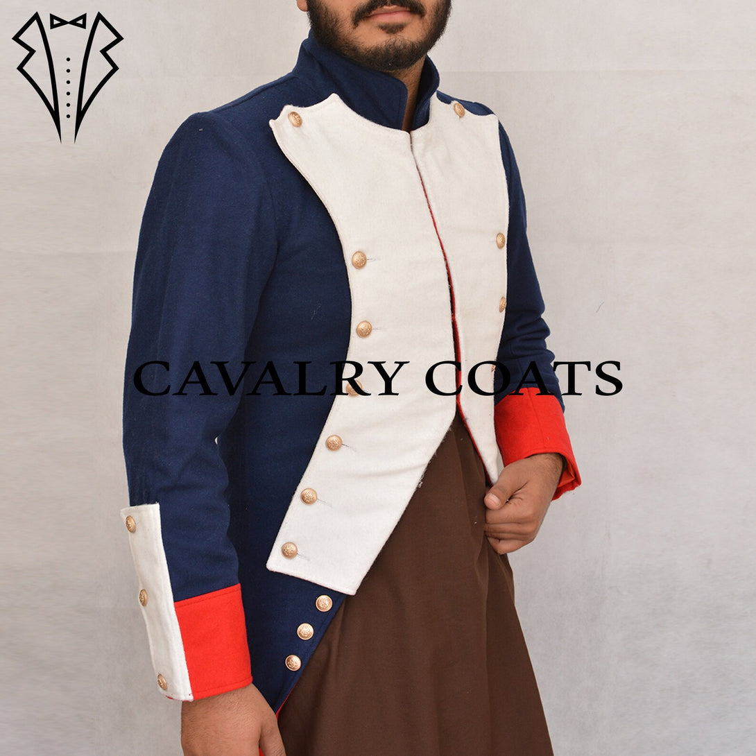 Authentic reproduction of Napoleon’s army officer tailcoat in navy and crimson wool