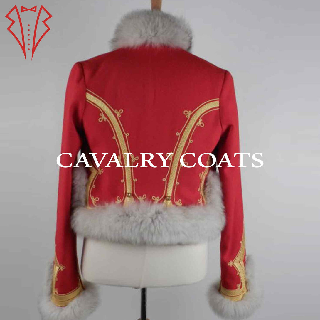 Napoleonic-era Red Hussar Pelisse Jacket for Lieutenant officers. Crafted in premium wool with authentic military detailing, fur accents, and custom tailoring for reenactments and period costumes.
