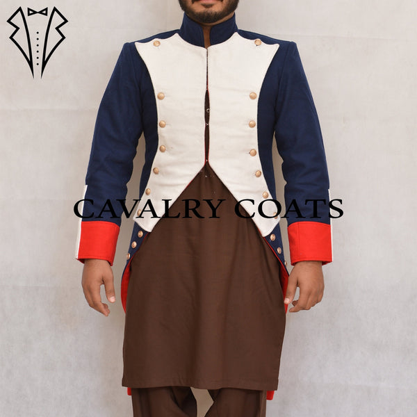 Men’s navy blue Napoleonic War uniform jacket with red lapels and brass buttons