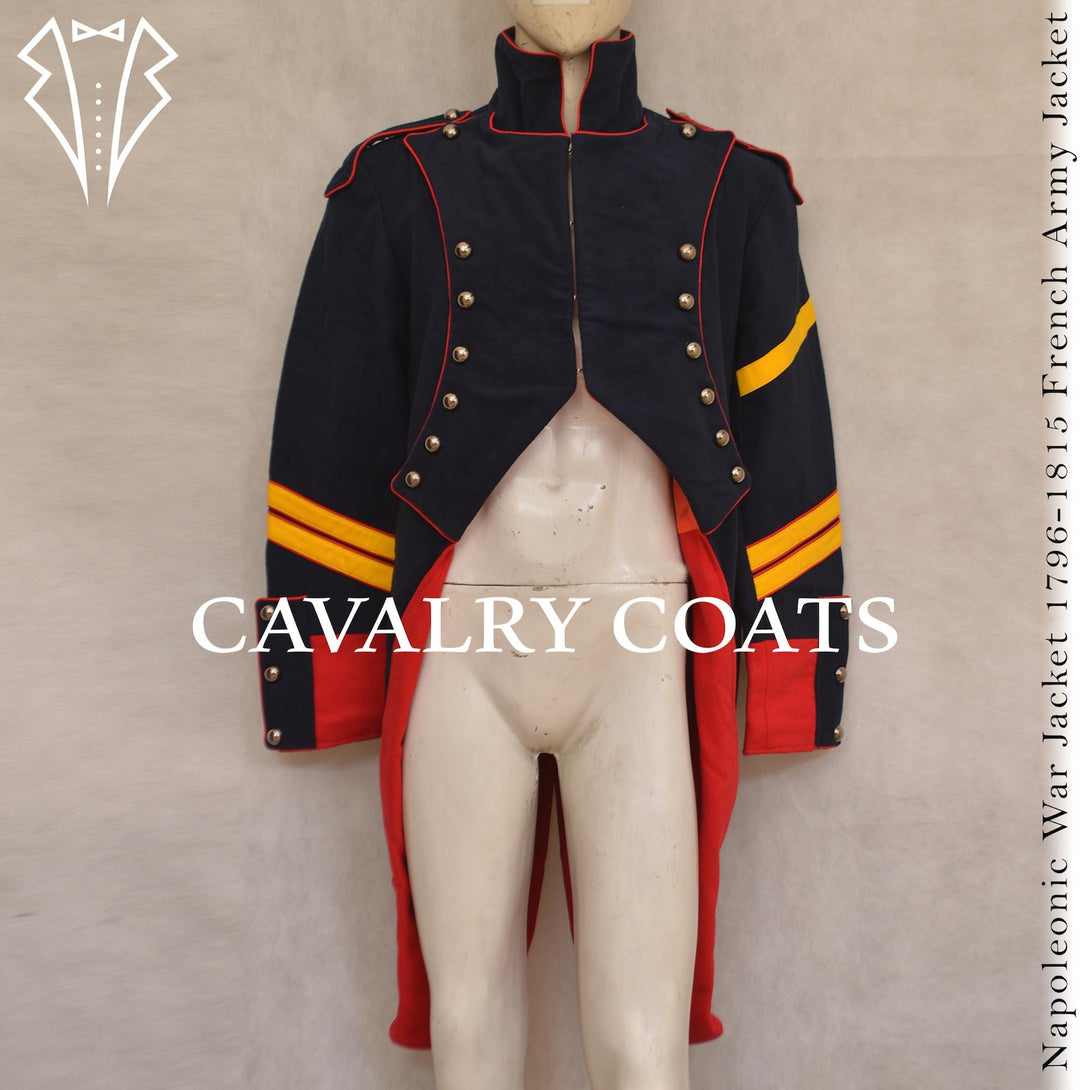 Authentic French Army artillery uniform from the Napoleonic Wars, featuring brass buttons and long tailcoat design.