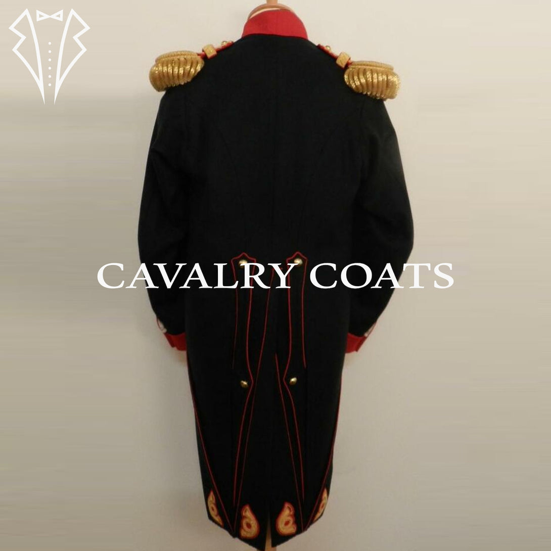 Historical French National Guard uniform coat from the Napoleonic era, black wool with gold trim