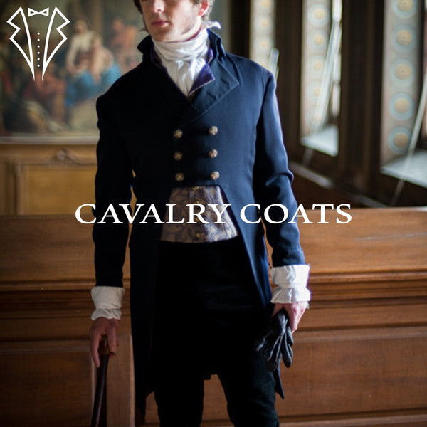 A man wearing a navy blue wool Regency tailcoat with gold detailing, accompanied by matching trousers, vest, and shirt. He is standing in a room with wooden paneling and classical artwork in the background.