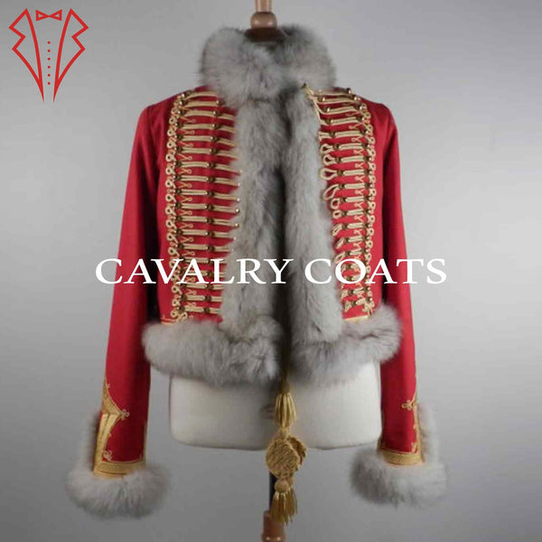 Red Wool Hussar Pelisse for Lieutenant Jacket inspired by Napoleonic cavalry uniforms. Features gold frogging, ornate braiding, and faux fur trim, perfect for reenactments, cosplay, or historical collectors.