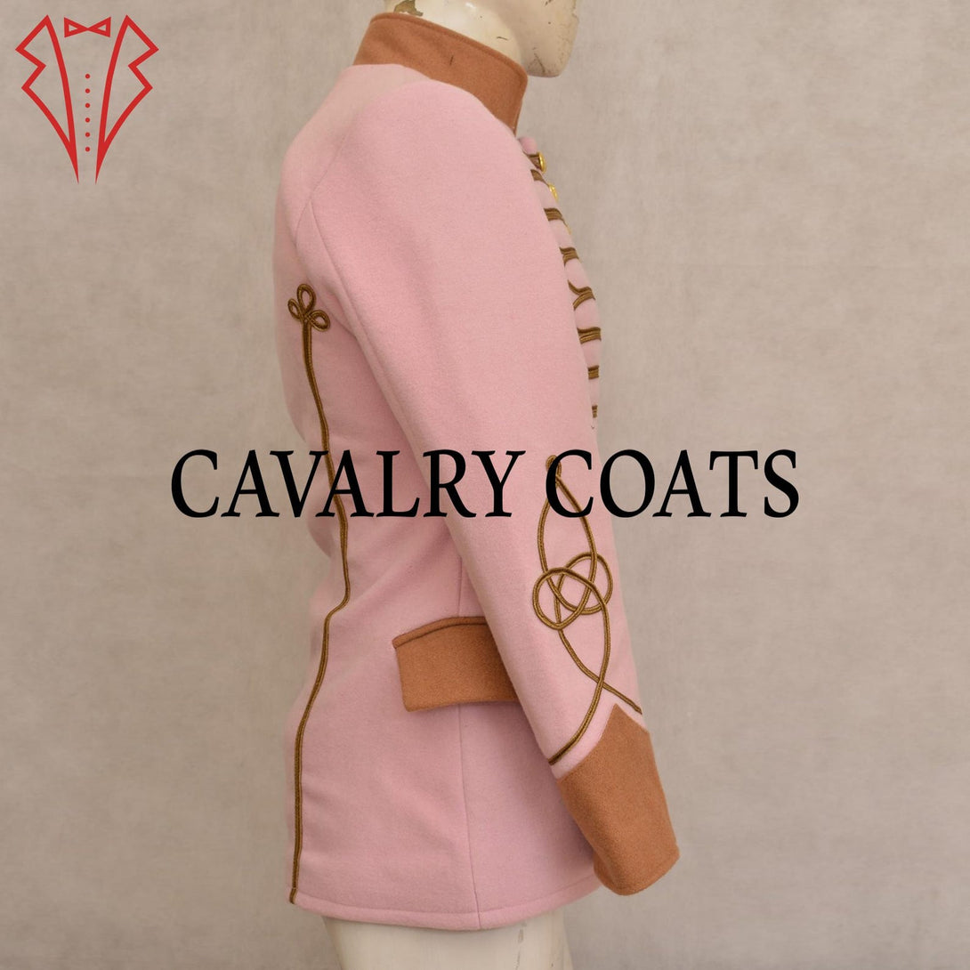 Women’s embroidered pink hussar jacket with detailed cuffs, epaulettes, and gold braiding.