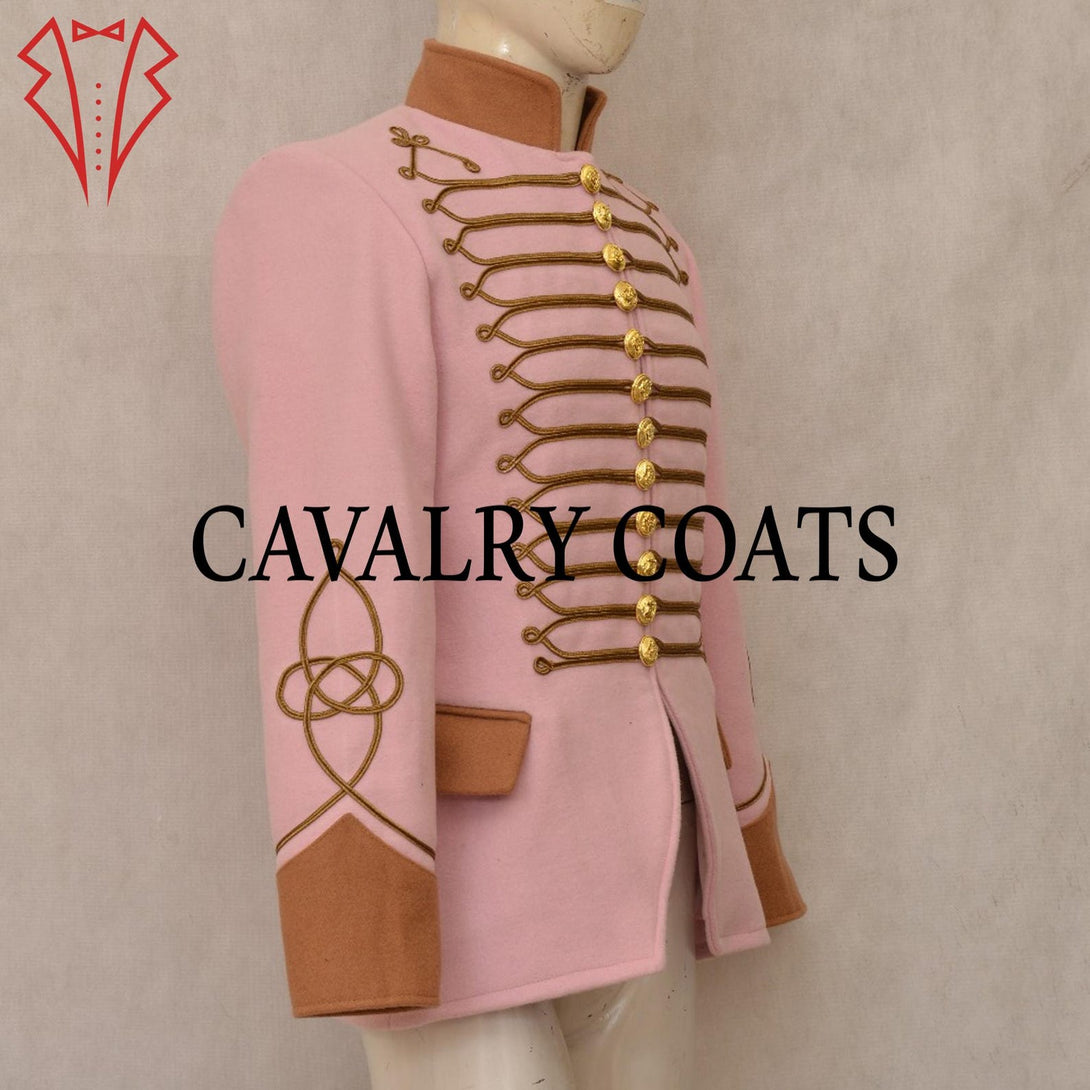 Pink military-style hussar coat for women, tailored fit with decorative frogging.