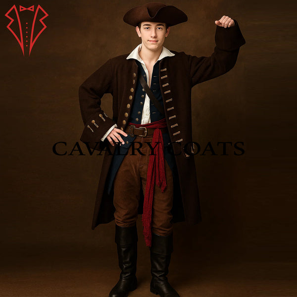 Brown wool pirate coat cosplay outfit for Halloween or theatre