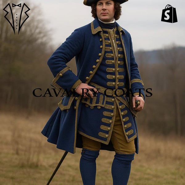 Man wearing Revolutionary War Naval Officer Uniform in blue with gold trim.