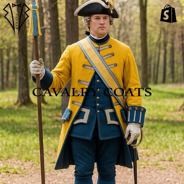 Swiss Lifeguard Service Uniform in mustard-yellow and blue wool, inspired by 18th-century German ceremonial attire.